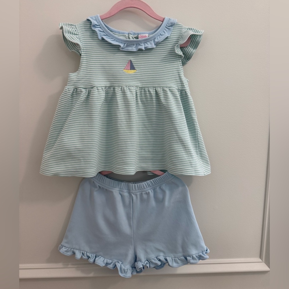 5T Blue Striped Sailboat Top & Ruffled Shorts Set 100% Pima Cotton